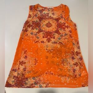 Cabi Floral Orange Sheer Sleeveless Top Size Small